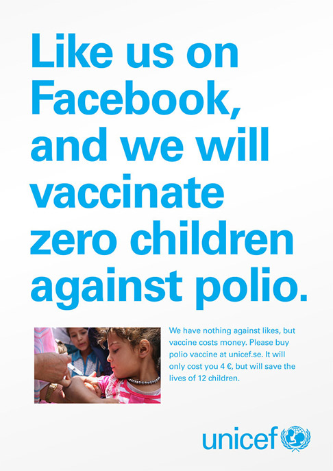 UNICEF manda avisar que likes no Facebook não salvam a vida de ninguém